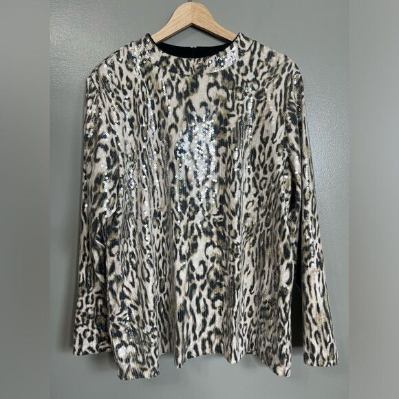 Chico’s long sleeve top animal print sequins large edgy mob wife holiday party - Picture 1 of 8